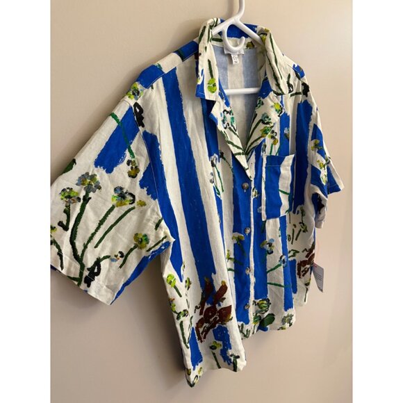 Topshop NWT Floral Stripe Linen-Blend Button-Down Resort Shirt Small or US 4-6 - Picture 6 of 13